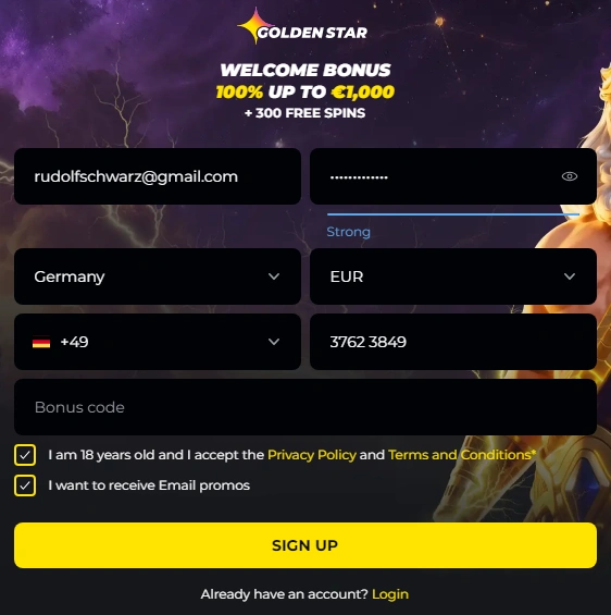 Golden Star Casino Registration Form